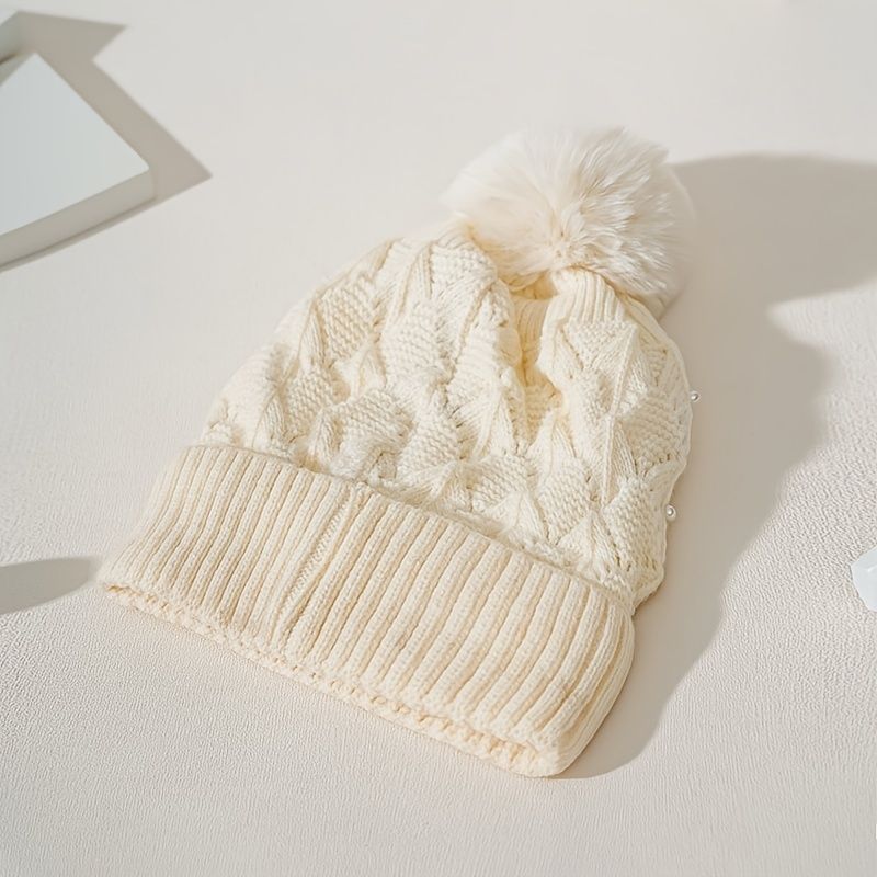 Pearl Winter Beanies Snow Ski Korkki Cap Lämpimät Neulotut Hatut Pojille Tytöille Kylmän Sään Hattu Beige