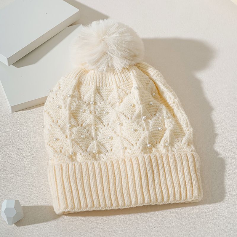 Pearl Winter Beanies Snow Ski Korkki Cap Lämpimät Neulotut Hatut Pojille Tytöille Kylmän Sään Hattu Beige