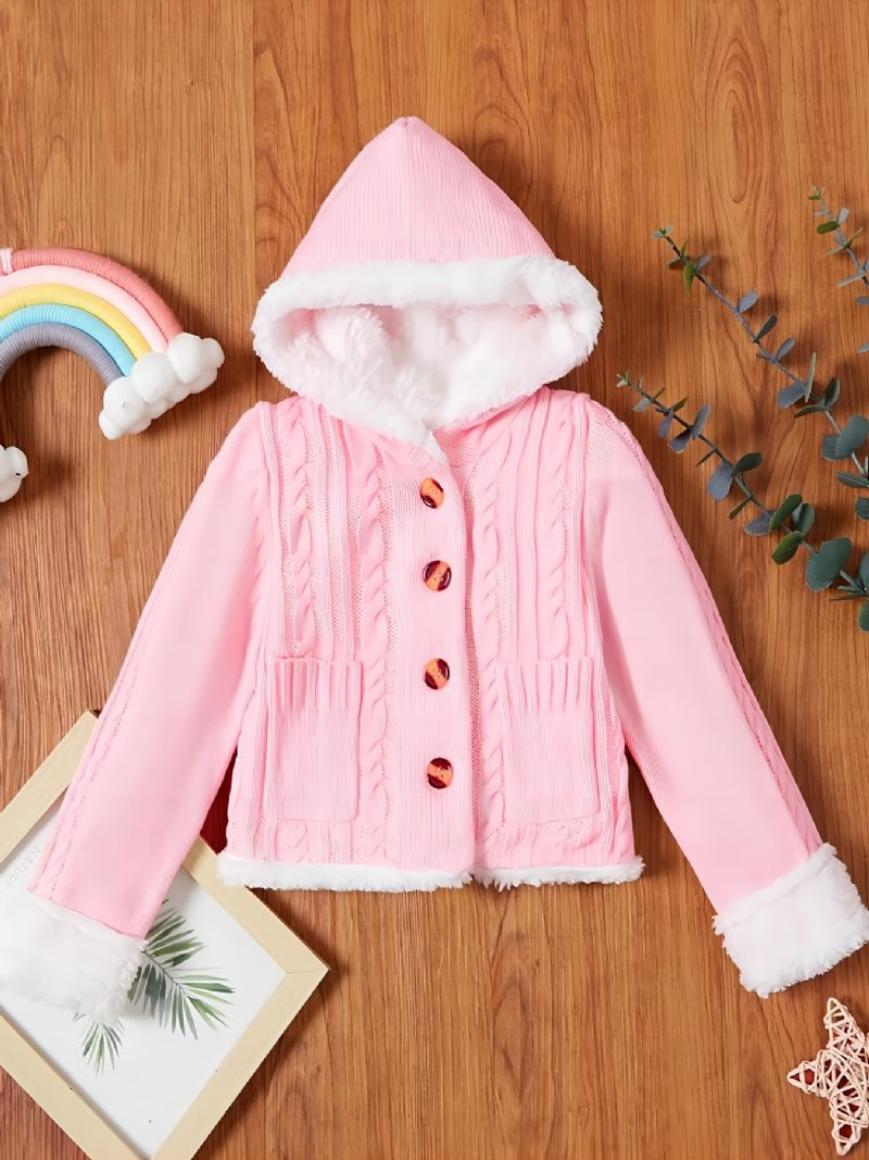 Tyttövauvojen Hupullinen Neulottu Neuletakki Fleece-nappipusero Talvivaatteisiin