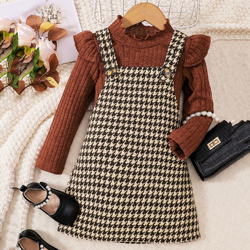 2 Kpl Tyttöjen Elegant Sweet Houndstooth Tweed Suspender-hame Ja Röyhelöpuserosetti Talvijuhliin