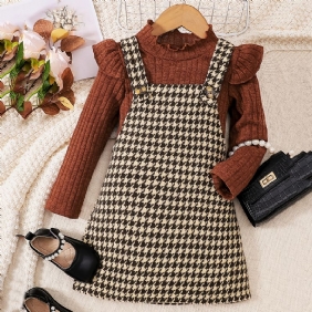 2 Kpl Tyttöjen Elegant Sweet Houndstooth Tweed Suspender-hame Ja Röyhelöpuserosetti Talvijuhliin