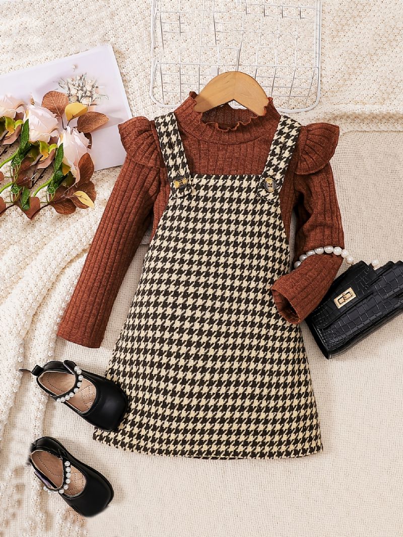 2 Kpl Tyttöjen Elegant Sweet Houndstooth Tweed Suspender-hame Ja Röyhelöpuserosetti Talvijuhliin