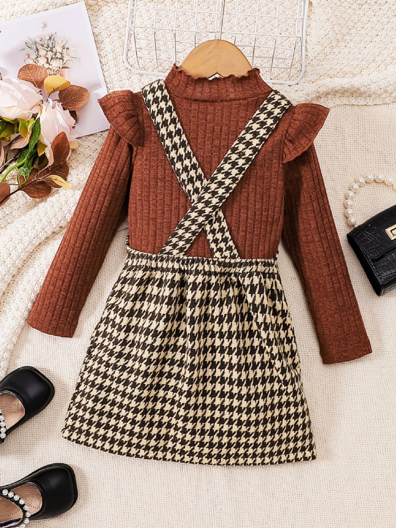 2 Kpl Tyttöjen Elegant Sweet Houndstooth Tweed Suspender-hame Ja Röyhelöpuserosetti Talvijuhliin