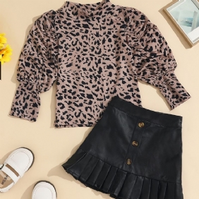 2kpl Tyttöjen Elegant Leopard Print Puff Sleeve Top Musta Nappi Decor Hame Setti Vaatteet