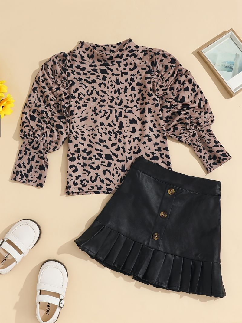 2kpl Tyttöjen Elegant Leopard Print Puff Sleeve Top Musta Nappi Decor Hame Setti Vaatteet