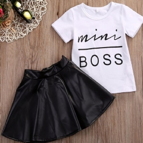 2kpl Tyttöjen Mini Boss Letter Print Lyhythihainen T-paita Musta Pu-nahkahamesarja Vaatteet