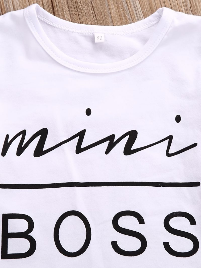 2kpl Tyttöjen Mini Boss Letter Print Lyhythihainen T-paita Musta Pu-nahkahamesarja Vaatteet