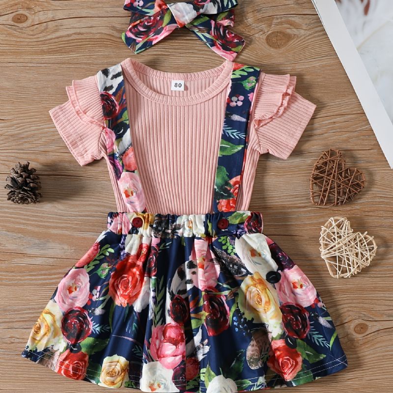 Tyttöjen Pyöreäpääntieinen Röyhelöpusero + Kukkakuvioinen Pinafore-housuhame + Päänauhasetti Vauvanvaatteet Lasten Vaatteet