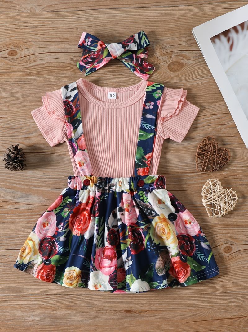 Tyttöjen Pyöreäpääntieinen Röyhelöpusero + Kukkakuvioinen Pinafore-housuhame + Päänauhasetti Vauvanvaatteet Lasten Vaatteet