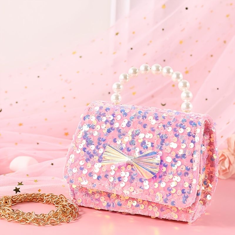 Tytöt Vauvat Söpö Rusetti Pearl Glitter Käsilaukku Crossbody Laukku Prinsessa Olkalaukku Ketjulaukku