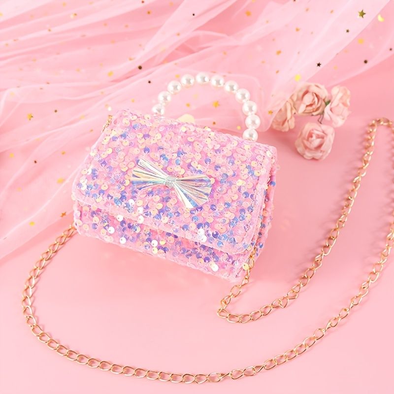 Tytöt Vauvat Söpö Rusetti Pearl Glitter Käsilaukku Crossbody Laukku Prinsessa Olkalaukku Ketjulaukku