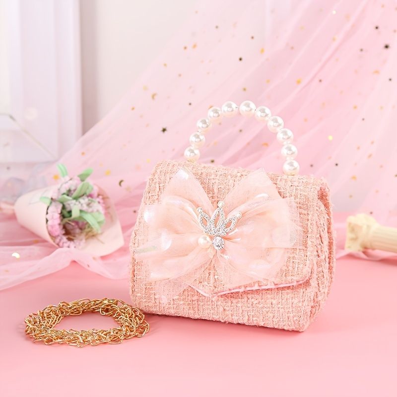 Vauvan Tyttöjen Crown Bow Mesh Decor Pearl Käsilaukku Crossbody Laukku Prinsessa Olkalaukku Ketjulaukku