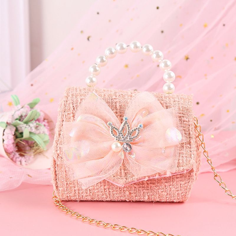 Vauvan Tyttöjen Crown Bow Mesh Decor Pearl Käsilaukku Crossbody Laukku Prinsessa Olkalaukku Ketjulaukku