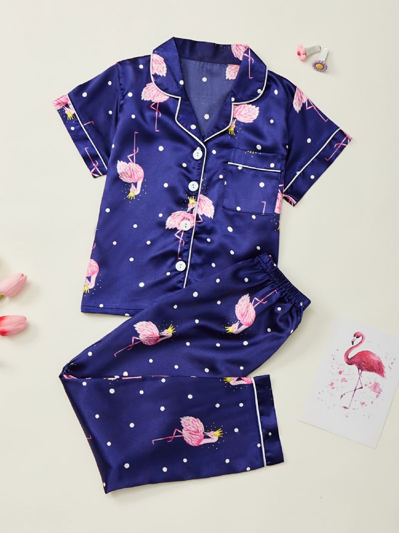 2 Kpl Flamingo Printed Silk Tyttöjen Mukava Pyjamasetti
