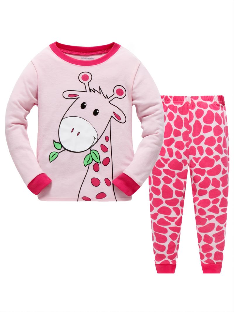 2 Kpl Tyttöjen Casual Sarjakuva Animal Print Crew Neck Vaaleanpunaiset Puuvillaiset Pyjamasetit