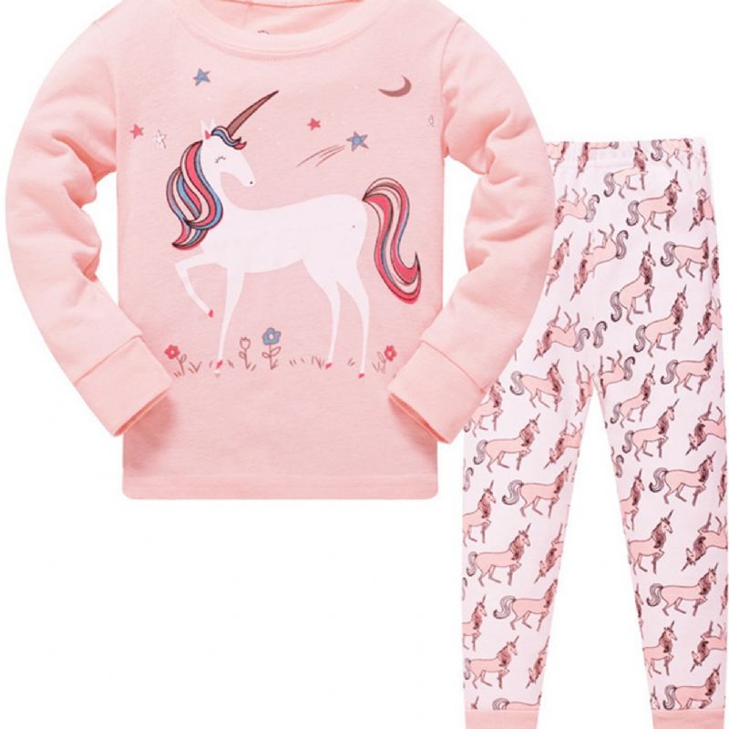 2 Kpl Tyttöjen Casual Sarjakuva Unicorn Print Crew Neck Vaaleanpunaiset Puuvillaiset Pyjamasetit