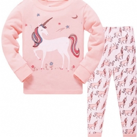 2 Kpl Tyttöjen Casual Sarjakuva Unicorn Print Crew Neck Vaaleanpunaiset Puuvillaiset Pyjamasetit