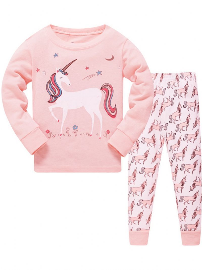 2 Kpl Tyttöjen Casual Sarjakuva Unicorn Print Crew Neck Vaaleanpunaiset Puuvillaiset Pyjamasetit