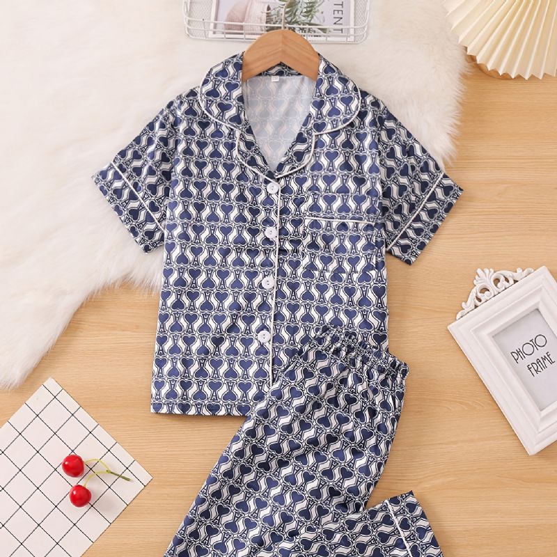 2 Kpl Tyttöjen Geometric Print Pattern Käänne Neck Satin Pyjama Set