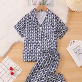 2 Kpl Tyttöjen Geometric Print Pattern Käänne Neck Satin Pyjama Set