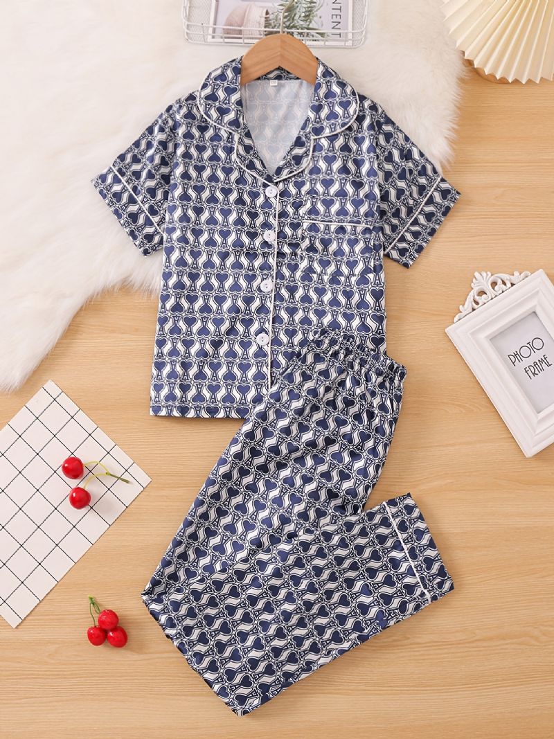 2 Kpl Tyttöjen Geometric Print Pattern Käänne Neck Satin Pyjama Set