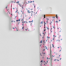 2 Kpl Tyttöjen Kukkakuvioinen Kaulusneuletakki Hihaiset Housut Rento Pyjamasetti