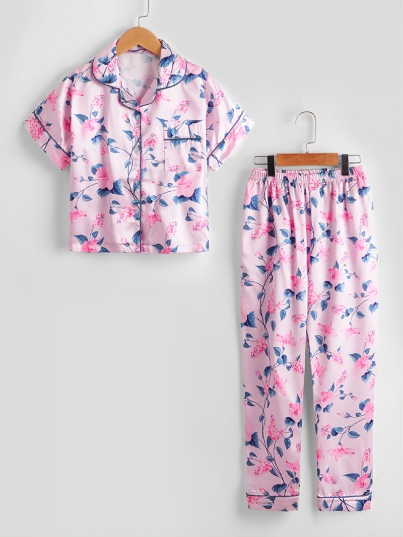 2 Kpl Tyttöjen Kukkakuvioinen Kaulusneuletakki Hihaiset Housut Rento Pyjamasetti