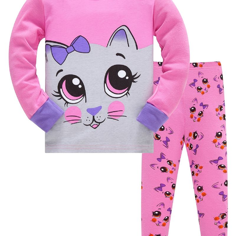2 Kpl Tyttöjen Lovely Cat Print Pyjamasetti Pitkähihaisilla Pyöreäkauluksisilla Topilla & Housuilla Talven Pinkki