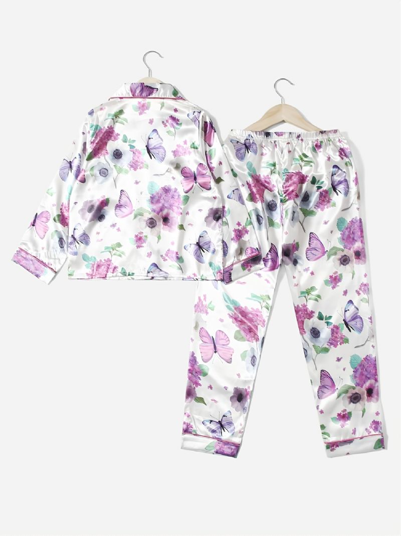 2 Kpl Tyttöjen Neuletakaiset Pyjamasetit Valkoisella Kukkakuvioisella Violetilla Perhosella