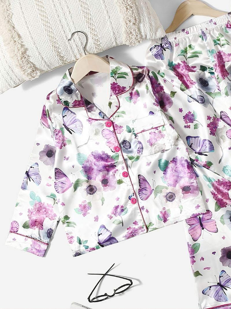 2 Kpl Tyttöjen Neuletakaiset Pyjamasetit Valkoisella Kukkakuvioisella Violetilla Perhosella