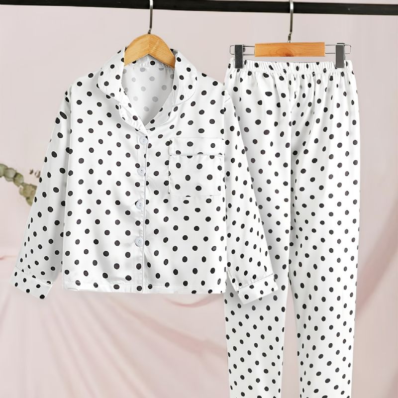 2 Kpl Tyttöjen Polka Dot Pitkähihaiset Pyjamasetti