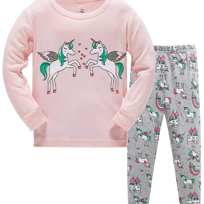 2 Kpl Tyttöjen Sarjakuva Unicorn Print Pyjamasetti Jossa Pitkähihainen Pyöreäkauluksinen Villapaita Ja Housut Talveksi