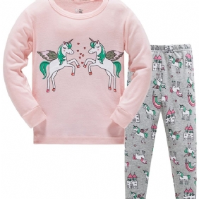 2 Kpl Tyttöjen Sarjakuva Unicorn Print Pyjamasetti Jossa Pitkähihainen Pyöreäkauluksinen Villapaita Ja Housut Talveksi