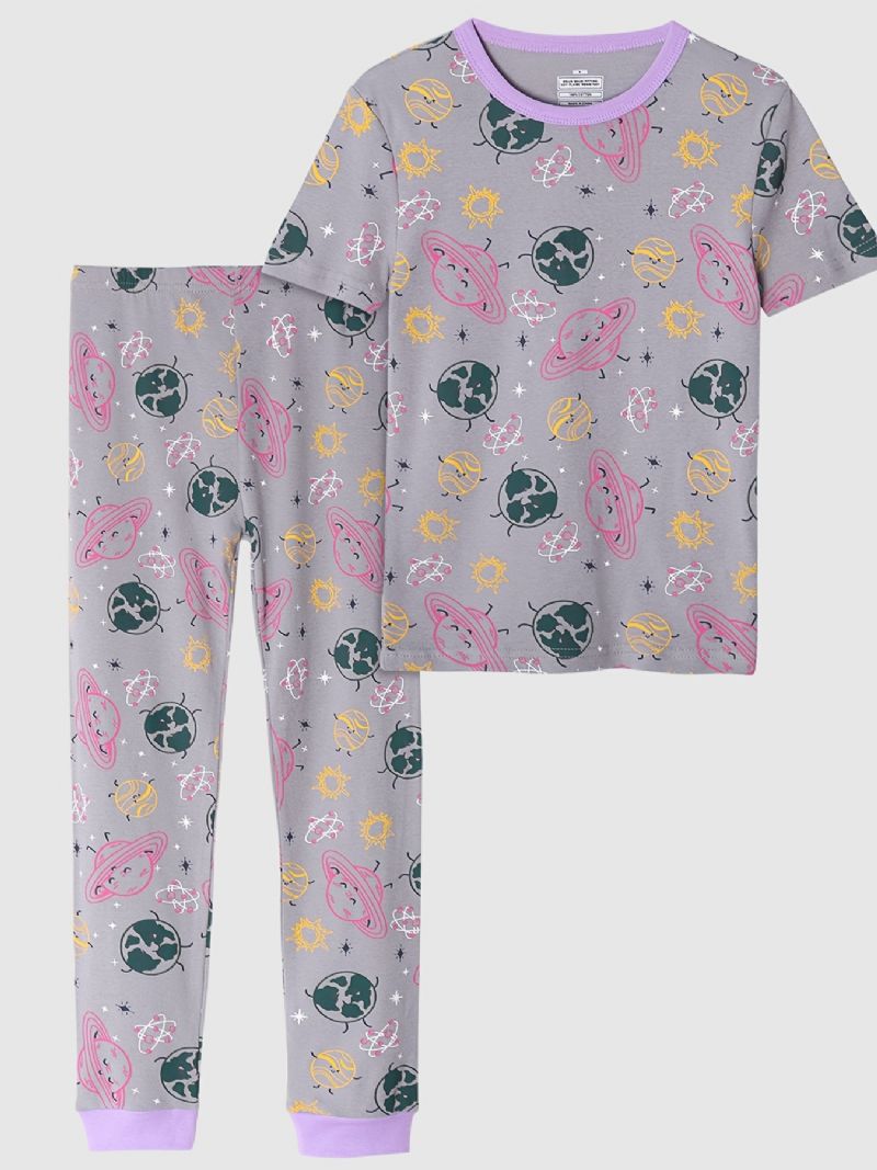2 Kpl Tyttöjen Söpö Sarjakuva Planet Print Pyjamasetti Lyhythihaisilla Topilla & Housuilla