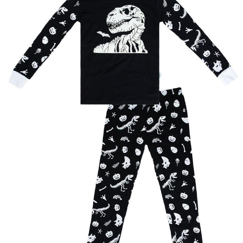 2kpl Lasten Pyjamat Pimeässä Hohtava Dinosaur Print Pyöreäpääntie Pitkähihainen Toppi & Housutsetti Pojille Tytöille
