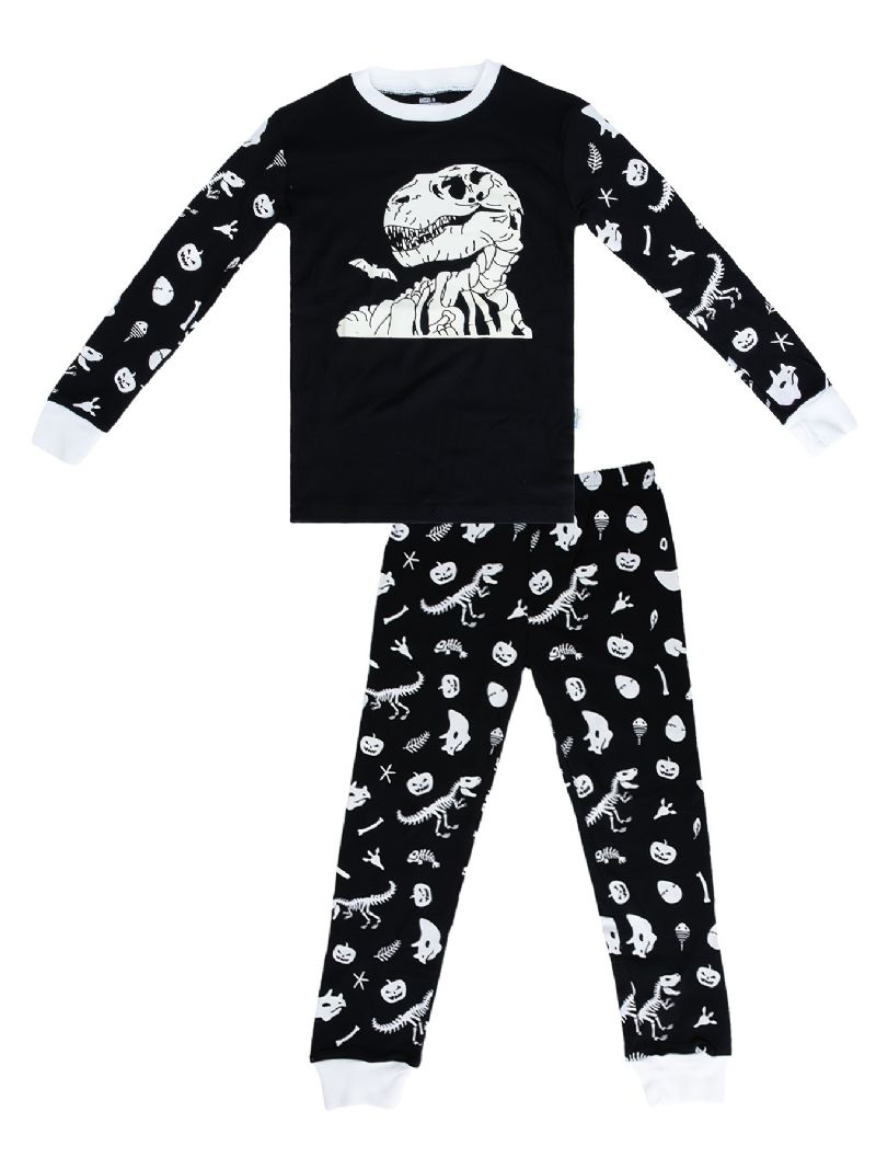 2kpl Lasten Pyjamat Pimeässä Hohtava Dinosaur Print Pyöreäpääntie Pitkähihainen Toppi & Housutsetti Pojille Tytöille