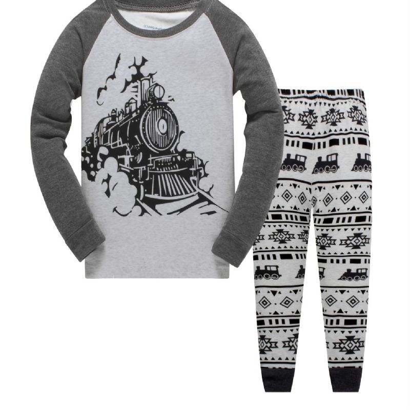 2kpl Poikien Casual Train Pattern Crew Neck Pitkähihaiset Pyjamasetit