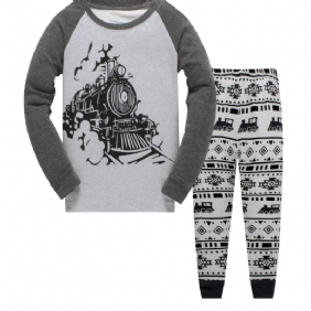 2kpl Poikien Casual Train Pattern Crew Neck Pitkähihaiset Pyjamasetit