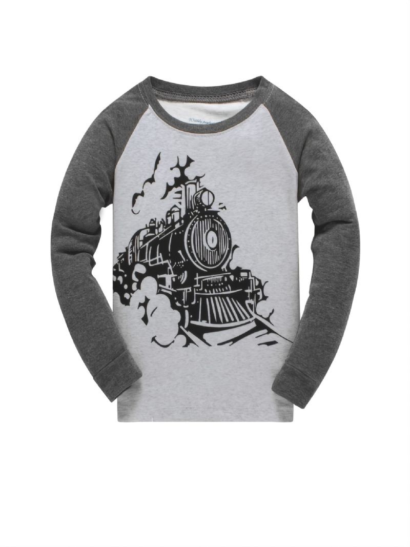 2kpl Poikien Casual Train Pattern Crew Neck Pitkähihaiset Pyjamasetit