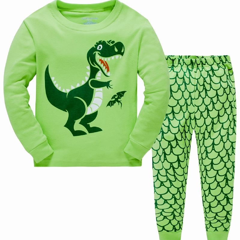 2kpl Poikien Sarjakuva Dinosaur Print Pyjamasetti Söpö Rento Thermal Crew Neck Pitkähihaiset Topit & Housut Talveksi