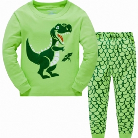 2kpl Poikien Sarjakuva Dinosaur Print Pyjamasetti Söpö Rento Thermal Crew Neck Pitkähihaiset Topit & Housut Talveksi