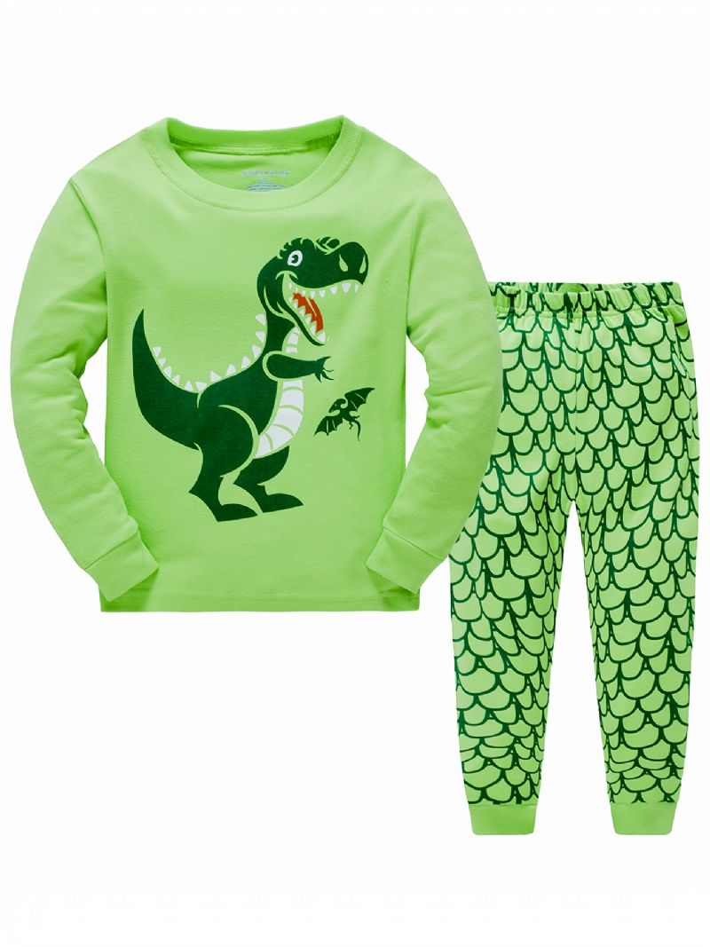 2kpl Poikien Sarjakuva Dinosaur Print Pyjamasetti Söpö Rento Thermal Crew Neck Pitkähihaiset Topit & Housut Talveksi