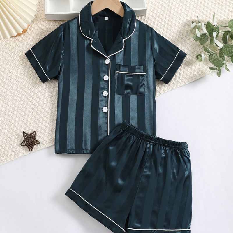 2kpl Poikien Straiped Pattern Satin Lapel Neck Pyjama Set