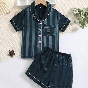 2kpl Poikien Straiped Pattern Satin Lapel Neck Pyjama Set