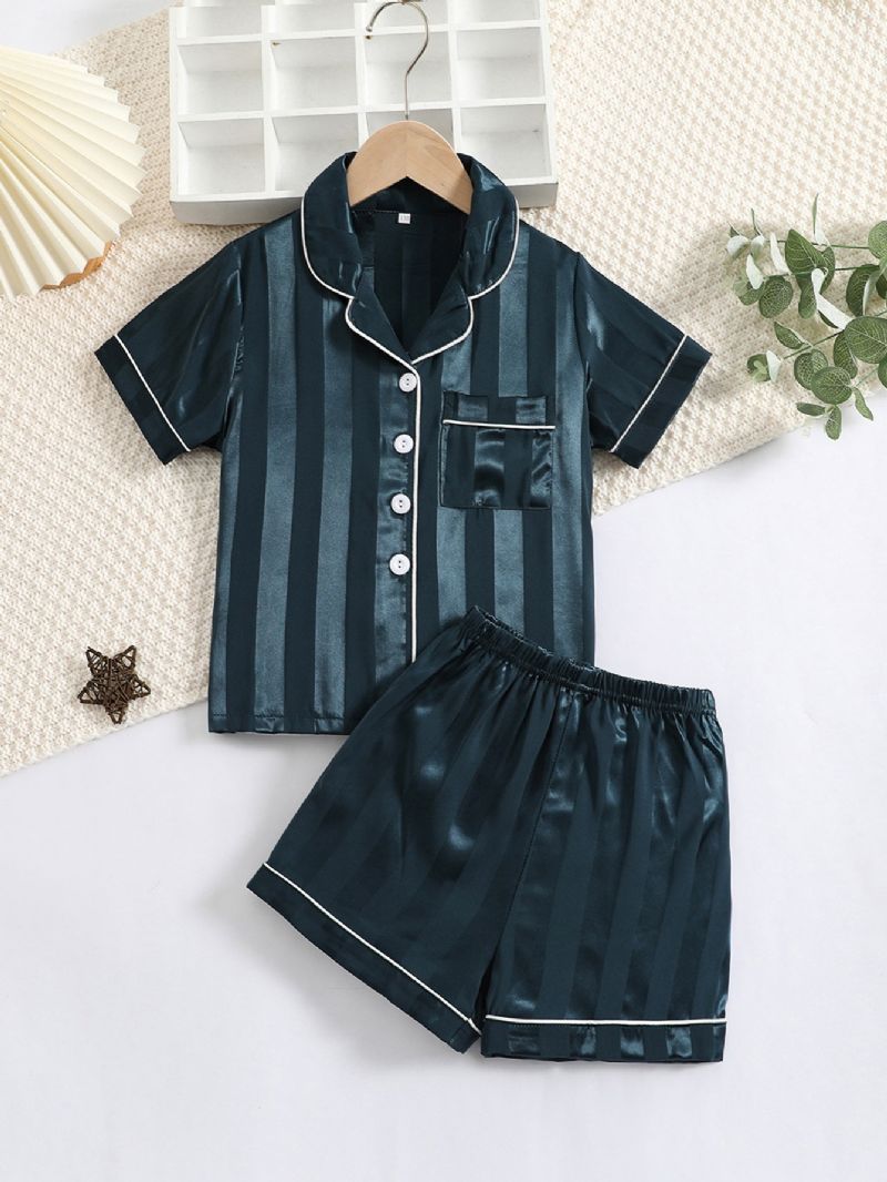 2kpl Poikien Straiped Pattern Satin Lapel Neck Pyjama Set