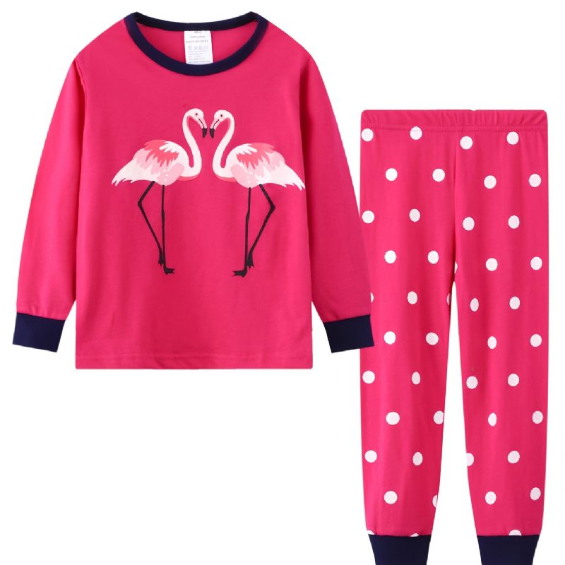 2kpl Taaperotyttöjen Flamingoprintti Puuvillainen Crew Neck Pusero Pyjama-setit