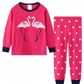 2kpl Taaperotyttöjen Flamingoprintti Puuvillainen Crew Neck Pusero Pyjama-setit