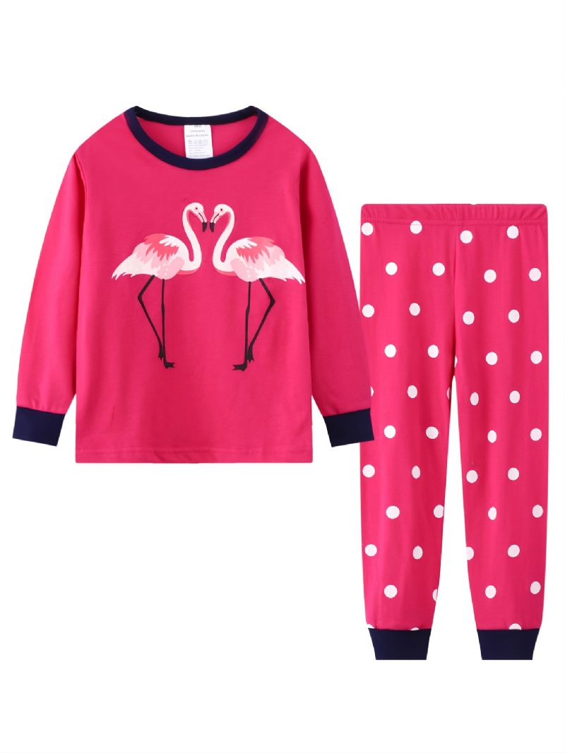 2kpl Taaperotyttöjen Flamingoprintti Puuvillainen Crew Neck Pusero Pyjama-setit