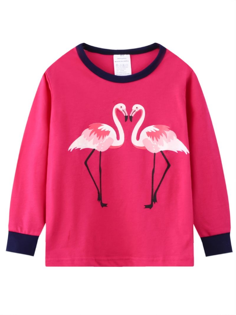 2kpl Taaperotyttöjen Flamingoprintti Puuvillainen Crew Neck Pusero Pyjama-setit