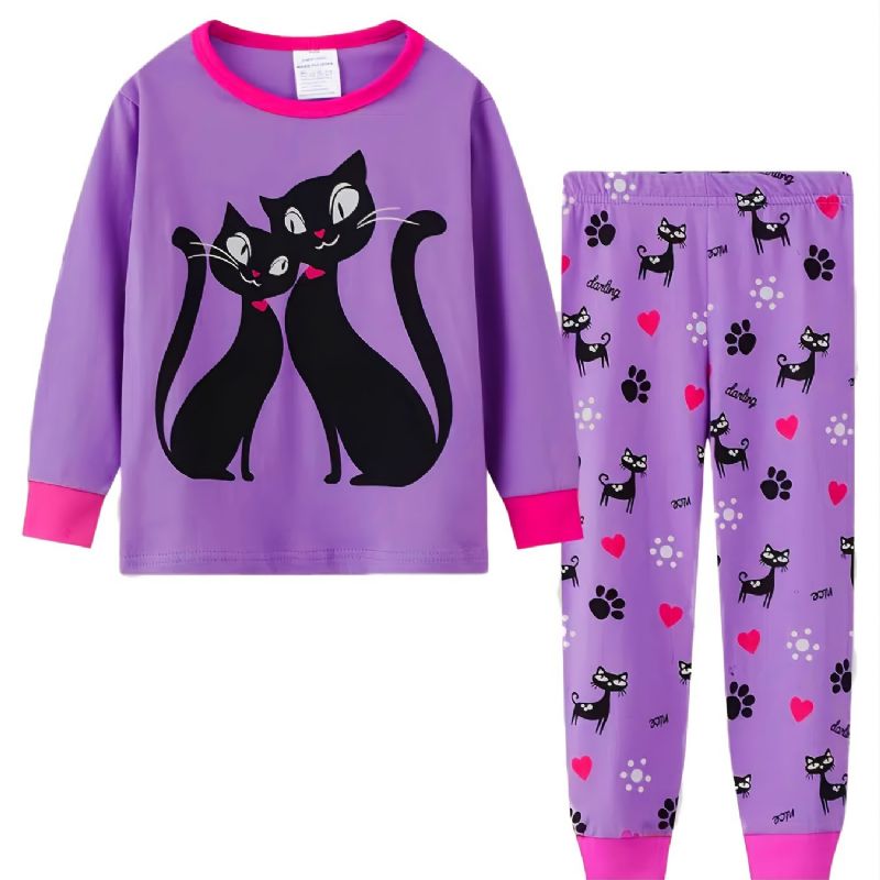 2kpl Tyttöjen Casual Sarjakuva Söpö Musta Kissa Crew Kaula Eriväriset Puuvilla Pyjama-setit